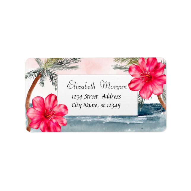 Etiqueta Modern Tropical Beach,Palms ,Hibiscus (Frente)