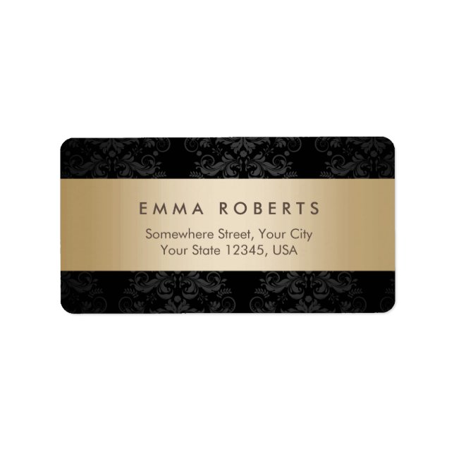 Etiqueta Moderna Damasco negro elegante a rayas de oro (Frente)