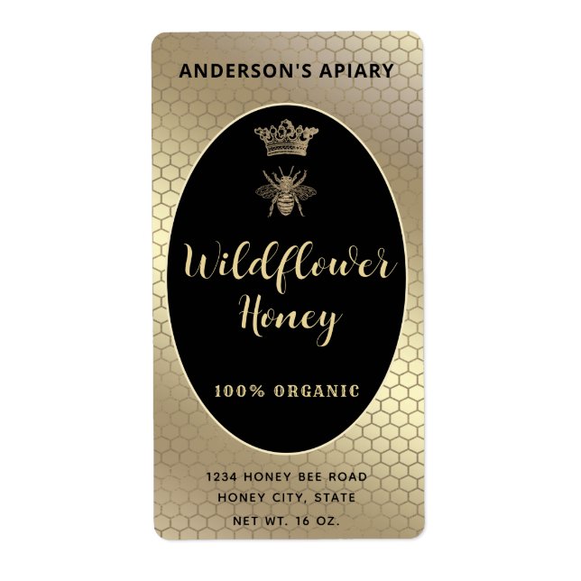 Etiqueta moderna de abeja reina del tarro de miel (Frente)
