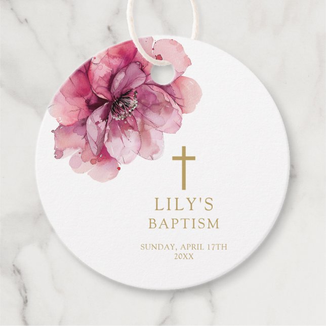 Etiqueta moderna de bautizo floral en acuarela ros (Anverso)
