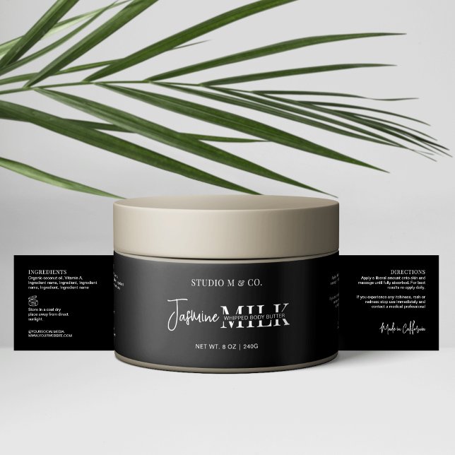 Etiqueta moderna de envoltura de baño blanco blanc (Modern black and white bath and body product jar bellyband style label)