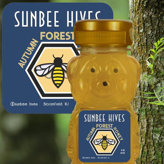 Etiqueta moderna de miel azul de abeja hexagonal (Subido por el creador)