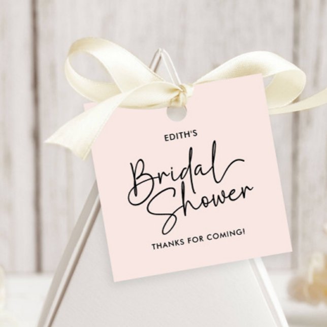 Etiqueta moderna de regalo de boda con toque de ru (SQUARE TAG BRIDAL SHOWER TIPOGRAPHY SIGNATURE LIKE FONT ELEGANT MODERN BLUSH PINK)