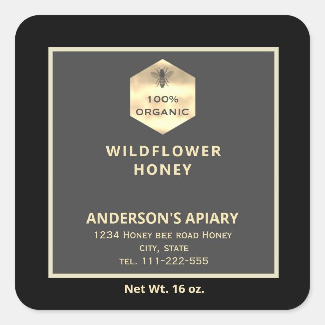 Etiqueta moderna de tarro de miel de abeja dorada (Anverso)