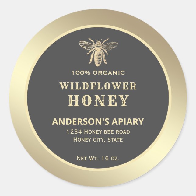 Etiqueta moderna de tarro de miel de abeja dorada (Anverso)
