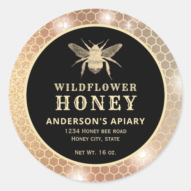 Etiqueta moderna de tarro de miel de abeja dorada (Anverso)