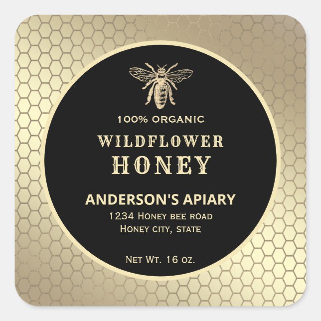 Etiqueta moderna de tarro de miel de abeja dorada (Anverso)