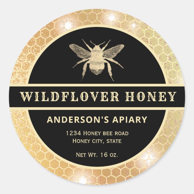 Etiqueta moderna de tarro de miel de abeja dorada (Anverso)