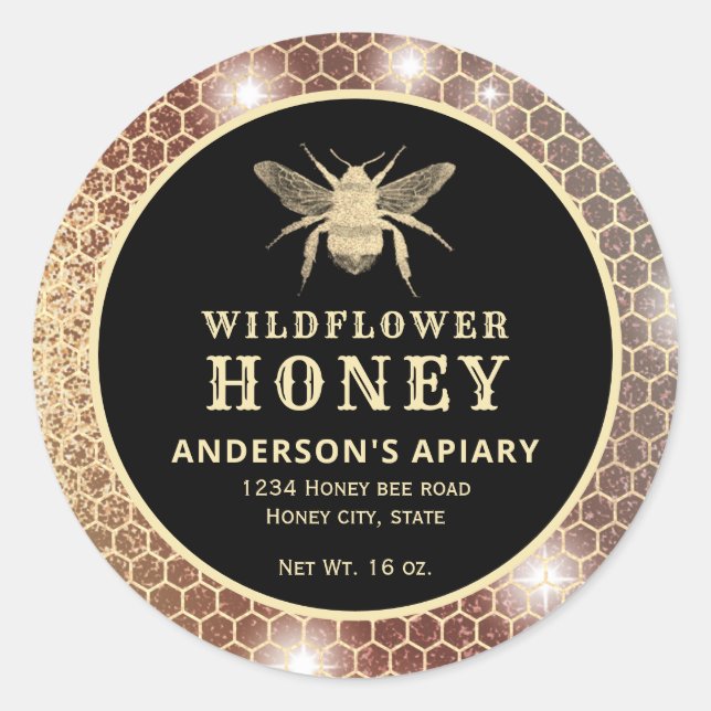 Etiqueta moderna de tarro de miel de abeja dorada (Anverso)