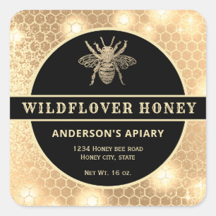 Etiqueta moderna de tarro de miel de abeja dorada