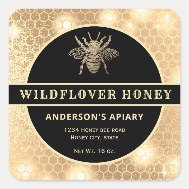 Etiqueta moderna de tarro de miel de abeja dorada (Anverso)