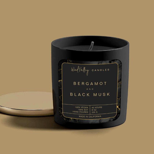 Etiqueta moderna de velas de mármol negro dorado (Black and gold marble candle jar label elegant hand poured vegan soy)