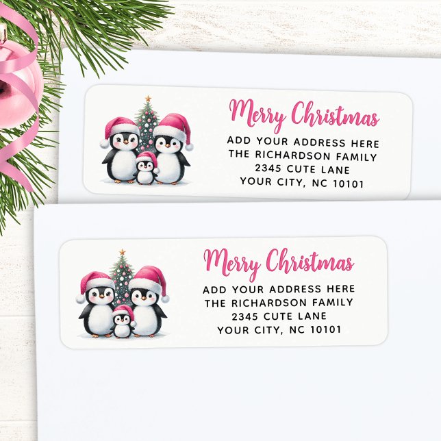 Etiqueta Moderna familia de pingüinos rosados para navidad (Subido por el creador)