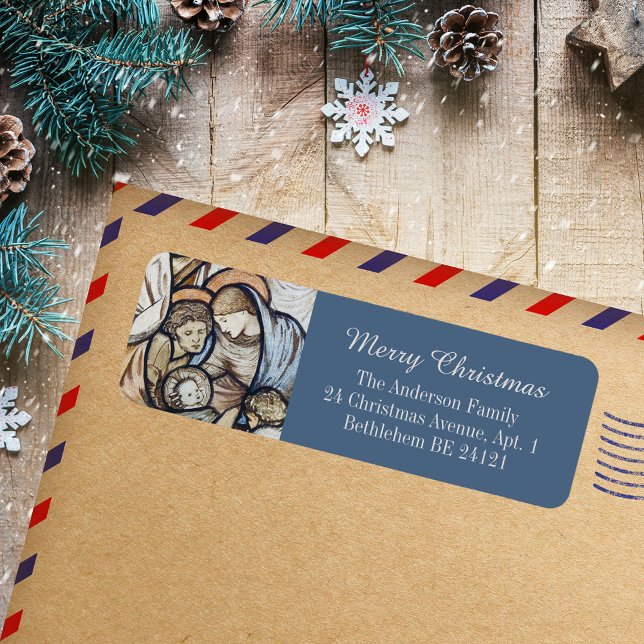 Etiqueta Moderna Natividad cristiana cristiana de la Feliz  (Modern Blue Religious Christian Catholic Merry Christmas Nativity Holiday Return Address Labels)