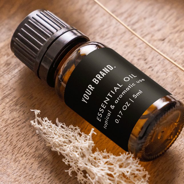 Etiqueta Moderno Aceite Esencial Negro Aceite Botella Envol (Modern Black Essential Oil Dropper Bottle Wrapper Label)