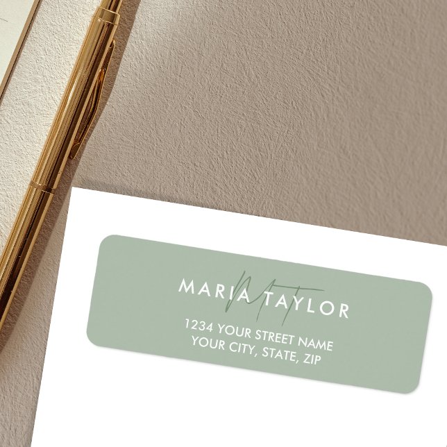 Etiqueta Moderno Elegante Monograma Simple Elegante Sage (Simple Minimalist sage green monogram return address label)