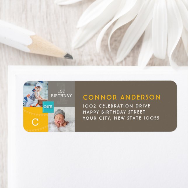 Etiqueta Moderno Esbozo cuadrado One Boy Photo Birthday Par (In situ)