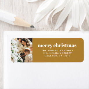 Etiqueta Moderno Minimalista con foto Gold Feliz Navidad