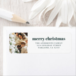 Etiqueta Moderno Minimalista con foto Verde Feliz Navidad