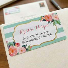 Etiqueta Moderno Mint Green Stripes Watercolor Floral Rosa