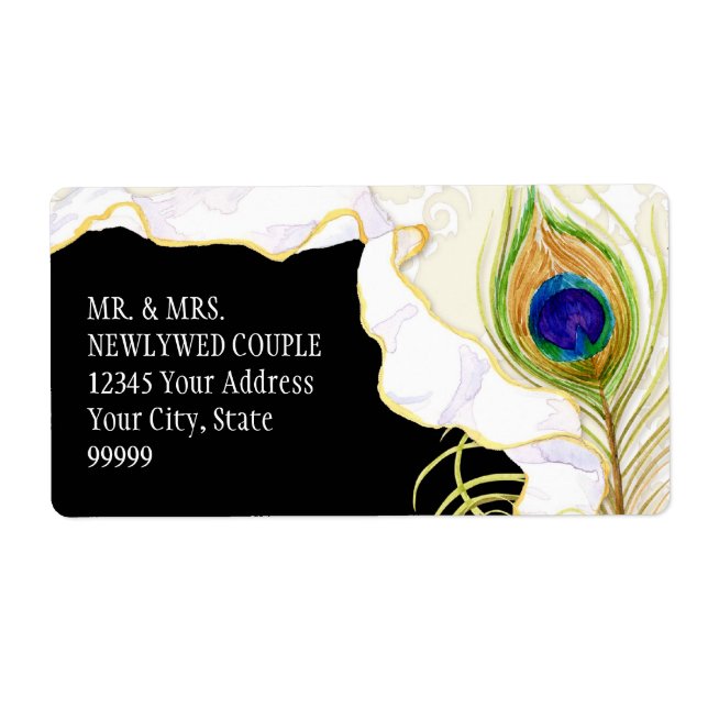 Etiqueta Moderno Peacock Feathers Faux Ribbon Damask Swirl (Frente)