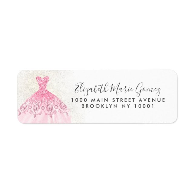 Etiqueta Moderno Purpurina Rubor Rosa Gold Gown Quinceanera (Frente)