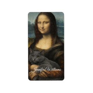 Etiqueta Mona Lisa Holding Elegant Gray Cat                