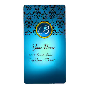 Etiqueta MONOGRAMA AZUL NEGRO DAMASK,turquesa zafiro