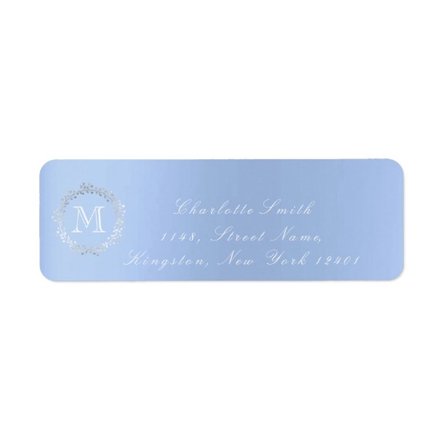 Etiqueta Monograma Cielo Azul Gris Plata Wreath Rubor RSVP (Frente)