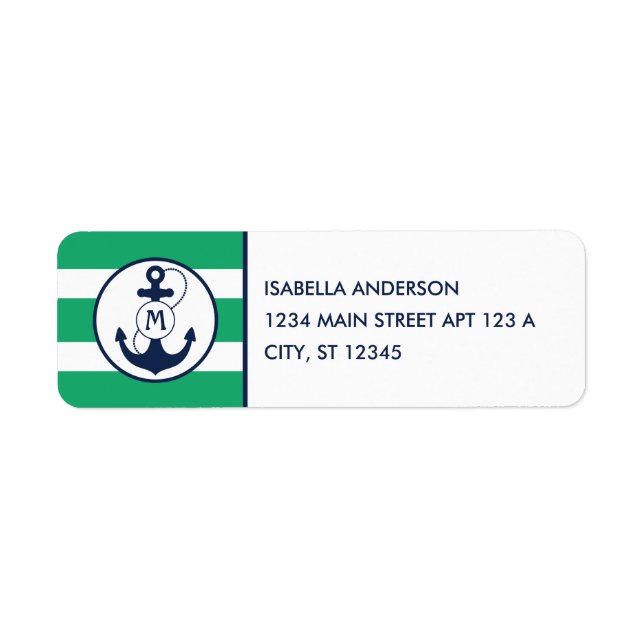 Etiqueta Monograma de ancla náutica verde (Frente)