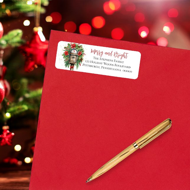 Etiqueta Monograma de floral de buzón de correo de amarre y (Elegant Christmas "Merry and Bright" Mailbox Poinsettia Floral Return Address Label)