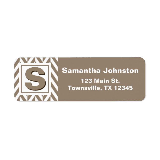 Etiqueta Monograma de Herringbone Blanco Tan (Frente)