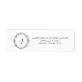 Etiqueta Monograma del Boda floral azul y púrpura