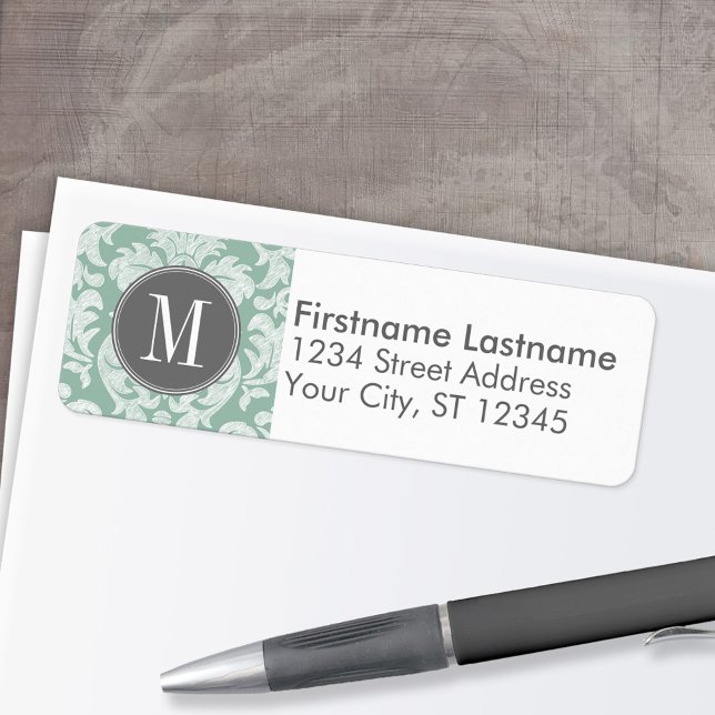 Etiqueta Monograma del modelo de Damasco de tinta y gris (Custom Return Address Labels - Low Minimum)