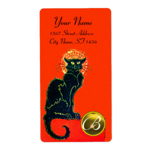 ETIQUETA MONOGRAMA DEL PARTIDO GATO HALLOWEEN NEGRO