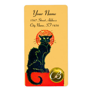 ETIQUETA MONOGRAMA DEL PARTIDO GATO HALLOWEEN NEGRO