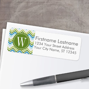 Etiqueta Monograma del patrón de cheurón moderno esmeralda 