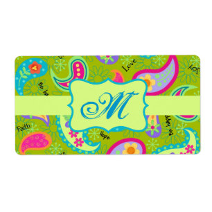 Etiqueta Monograma del patrón de paisley moderno verde oliv