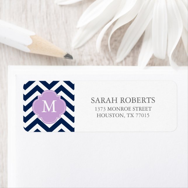 Etiqueta Monograma del patrón zigzags de azul y lavanda (In situ)