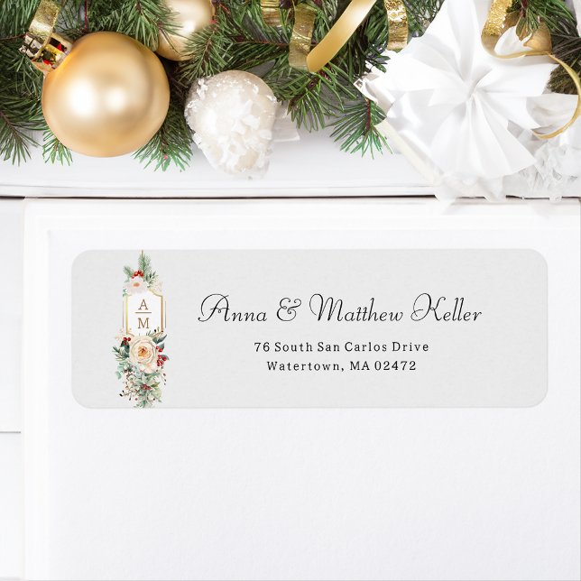 Etiqueta Monograma floral de Navidades simplemente elegante (Subido por el creador)