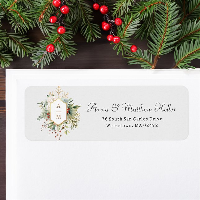 Etiqueta Monograma floral de Navidades simplemente elegante (Subido por el creador)
