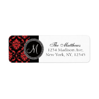 Etiqueta Monograma impreso de Purpurina rojo Damask negro