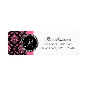Etiqueta Monograma impreso de Purpurina rosa de Damask negr