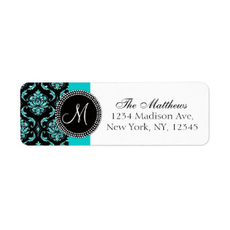 Etiqueta Monograma impreso Verde azulado de Damask negro