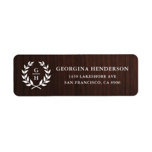 Etiqueta Monograma Laurel Wreath Rústico Patrón de Madera