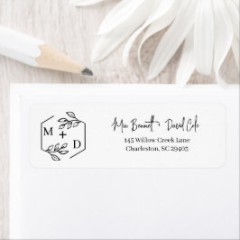 Etiqueta Monograma Minimalista de Boda Negro y Blanco