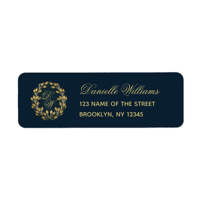 Etiqueta Monograma Navy Blue Gold Wreath Elegante caligrafí (Frente)