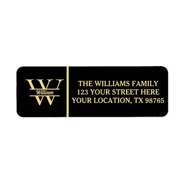 Etiqueta Monograma negro y oro | Guión inicial elegante (Frente)