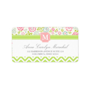 Etiqueta Monograma personalizado Chevron floral de la