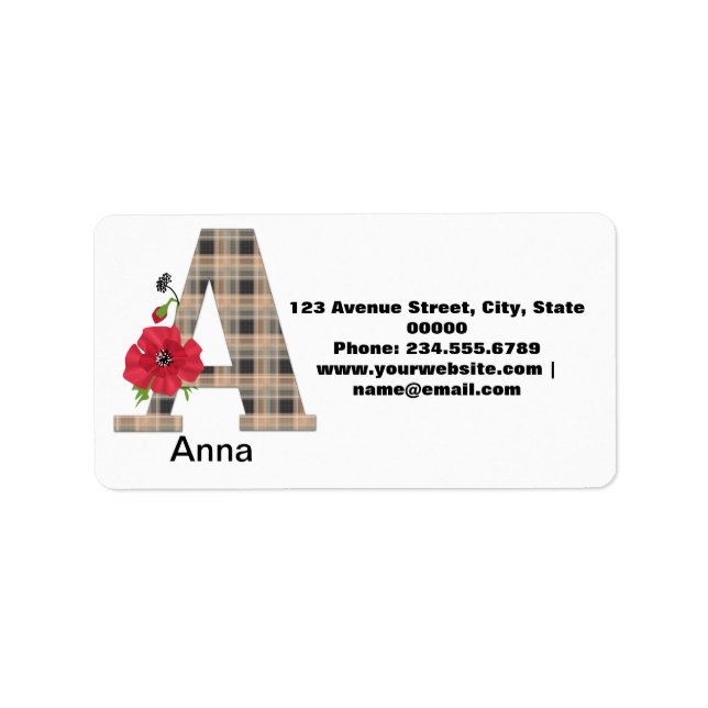 Etiqueta Monograma personalizado editable Un texto flor roj (Frente)